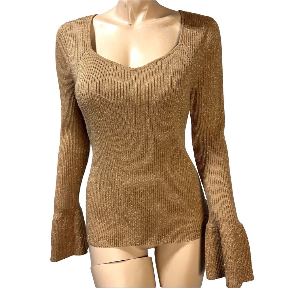 Loft  Shimmer Ribbed Sweetheart Neck Sweater Size XL Tan Gold Bell Sleeve NWT